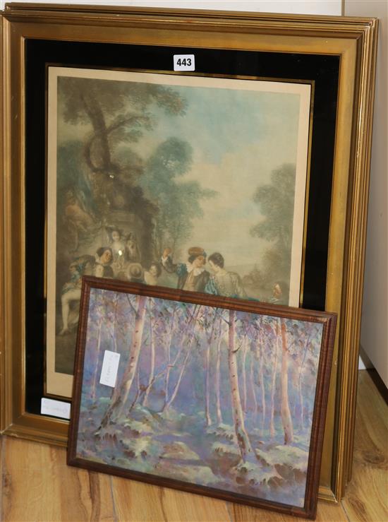 Two mezzotints in verre eglomise mounted frames, 50 x 40cm, and a watercolour of silver birches, 26 x 35.5cm